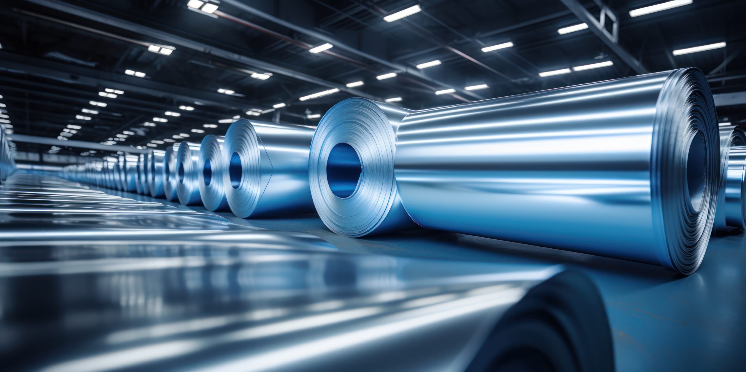 Metallic sheen of rolled aluminum dominates a warehouse, ready f